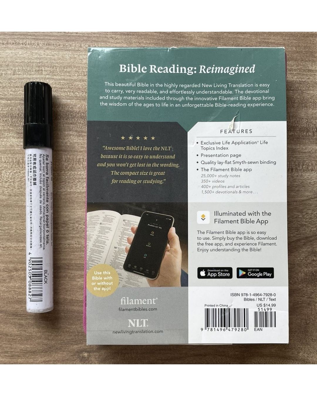 New Living Translation (NLT) Premium Value Compact Bible, Filament Enabled Edition (Pink Rose, Leatherlike, Old and New Testaments) Slipcase with slight tears and folds, book no damage