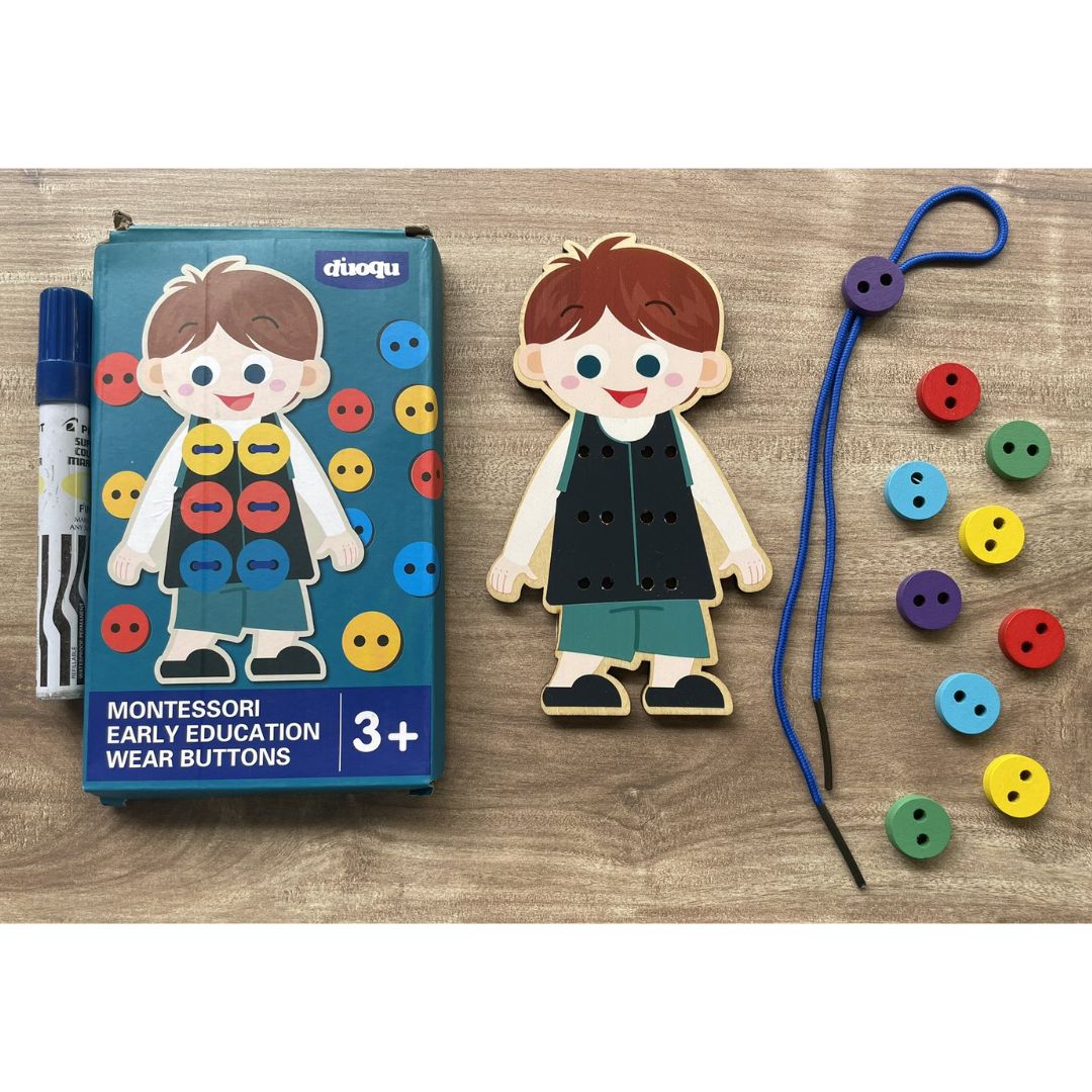 Montessori Early Education Wear Buttons (Singles) - Boy (brand new wooden educational toy boxed set, box with dents and folds)