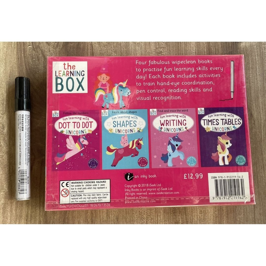 UNICORNS Wipeclean / Wipe Clean The Learning Box Set (4 activity books & 1 erasable pen) BOX with SLIGHT DENTS