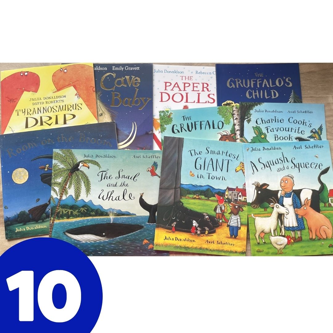 Julia Donaldson Set of 10 Books (NO BOX - Brand new softcover - sold as set of 10 books) - Gruffalo, Room on the Broom, Charlie Cook, Smartest Giant in Town, A Squash and a Squeeze