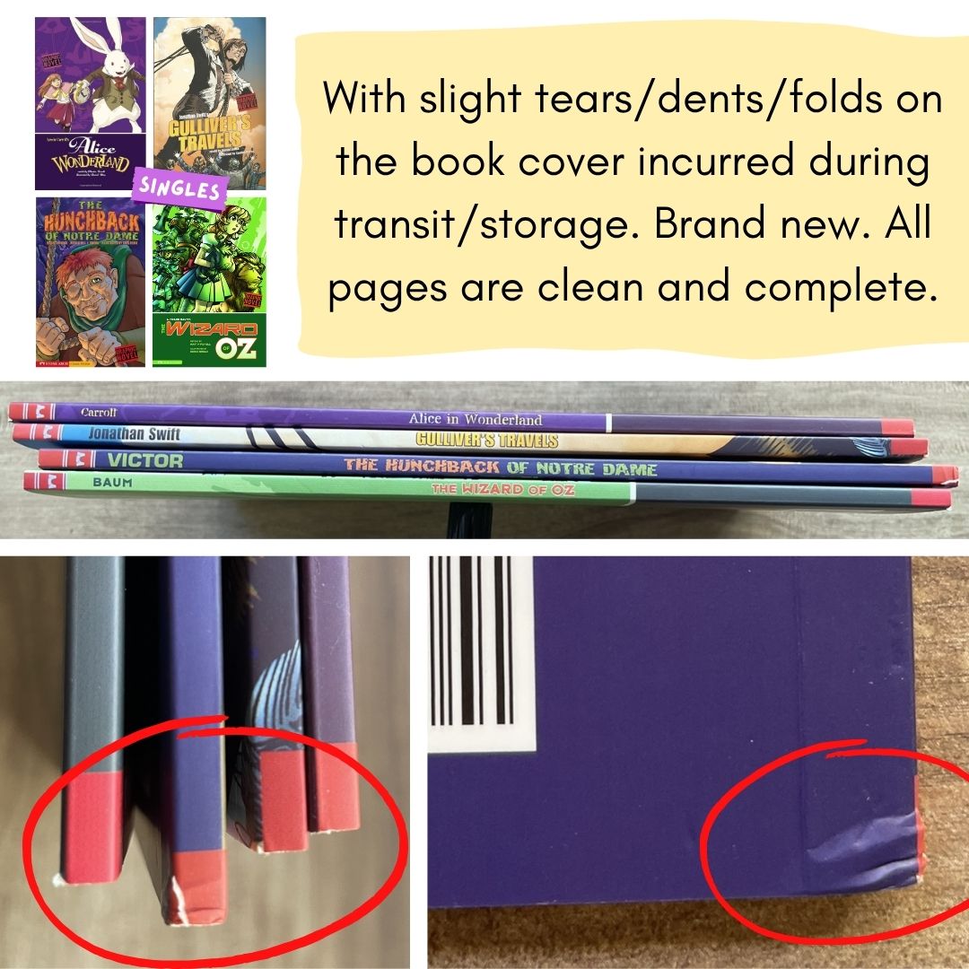 Classic Fiction Graphic Novel (SINGLES) (Alice in Wonderland / Gulliver's Travels / The Hunchback of Notre Dame / The Wizard of Oz) brand new softcover, with SLIGHT TEARS/DENTS/FOLDS on book cover