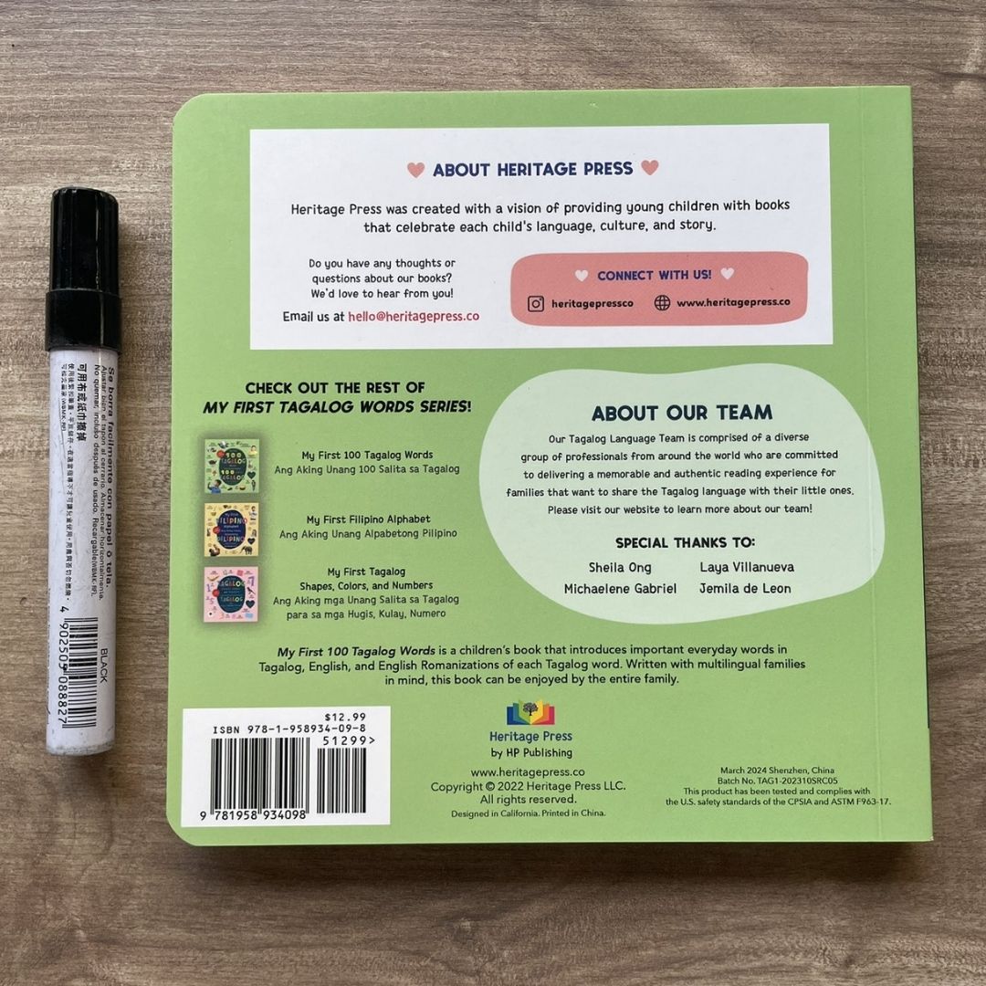 My First 100 Tagalog Words / Ang Aking Unang 100 Salita sa Tagalog by Heritage Kids Press (Bilingual English-Tagalog) Board Book, with SLIGHT DENTS/FOLDS