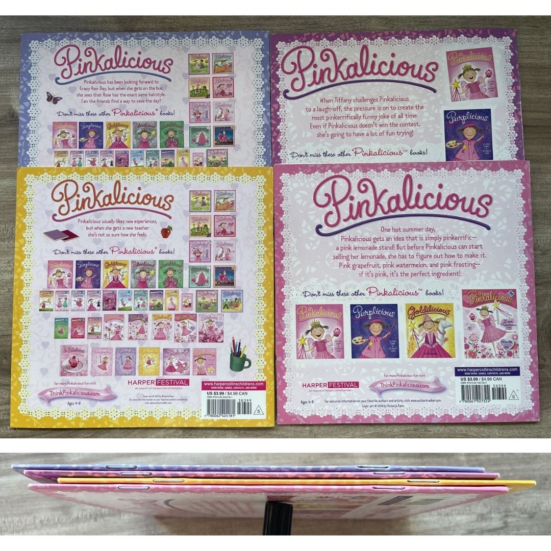 Pinkalicious 4-Book English Story Set (Crazy Hair Day / Tickled Pink / New Teacher / Pink Drink) brand new softcover, no box, with SLIGHT FOLDS