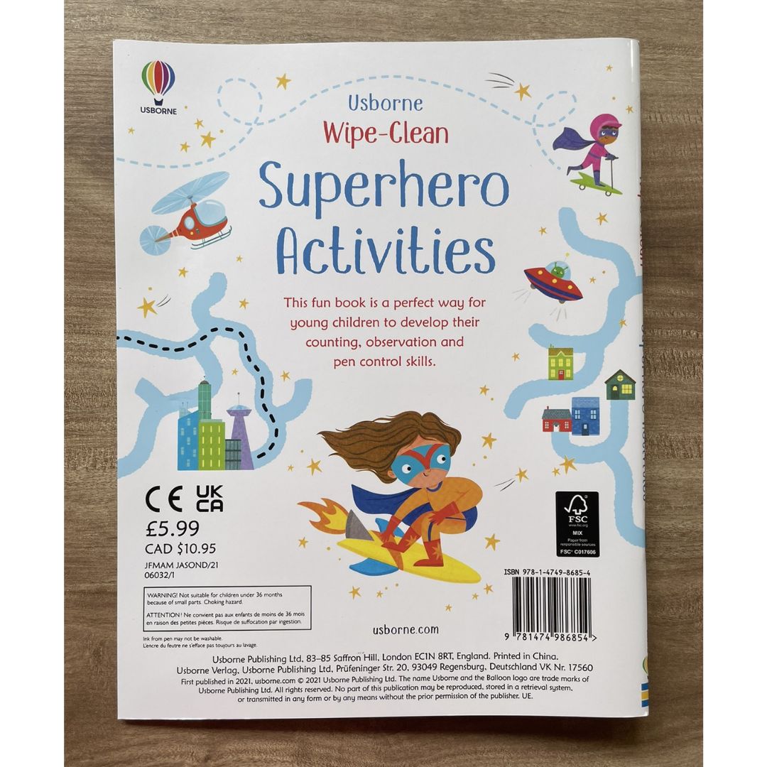 Usborne Wipe-Clean: SUPERHERO ACTIVITIES (softcover, with free pen)