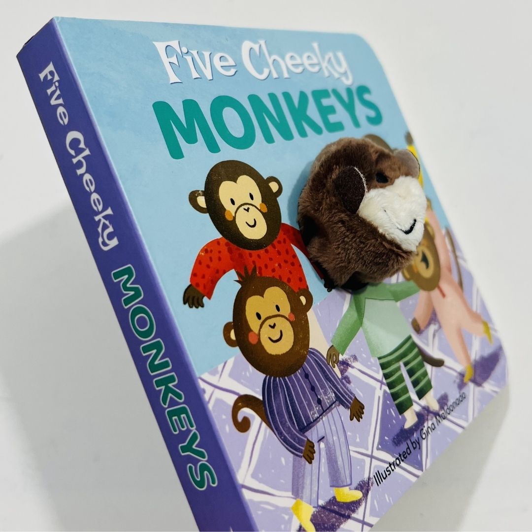 Five Cheeky Monkeys: Nursery Rhyme Finger Puppet Board Book (brand new, with SLIGHT DENTS on book cover)