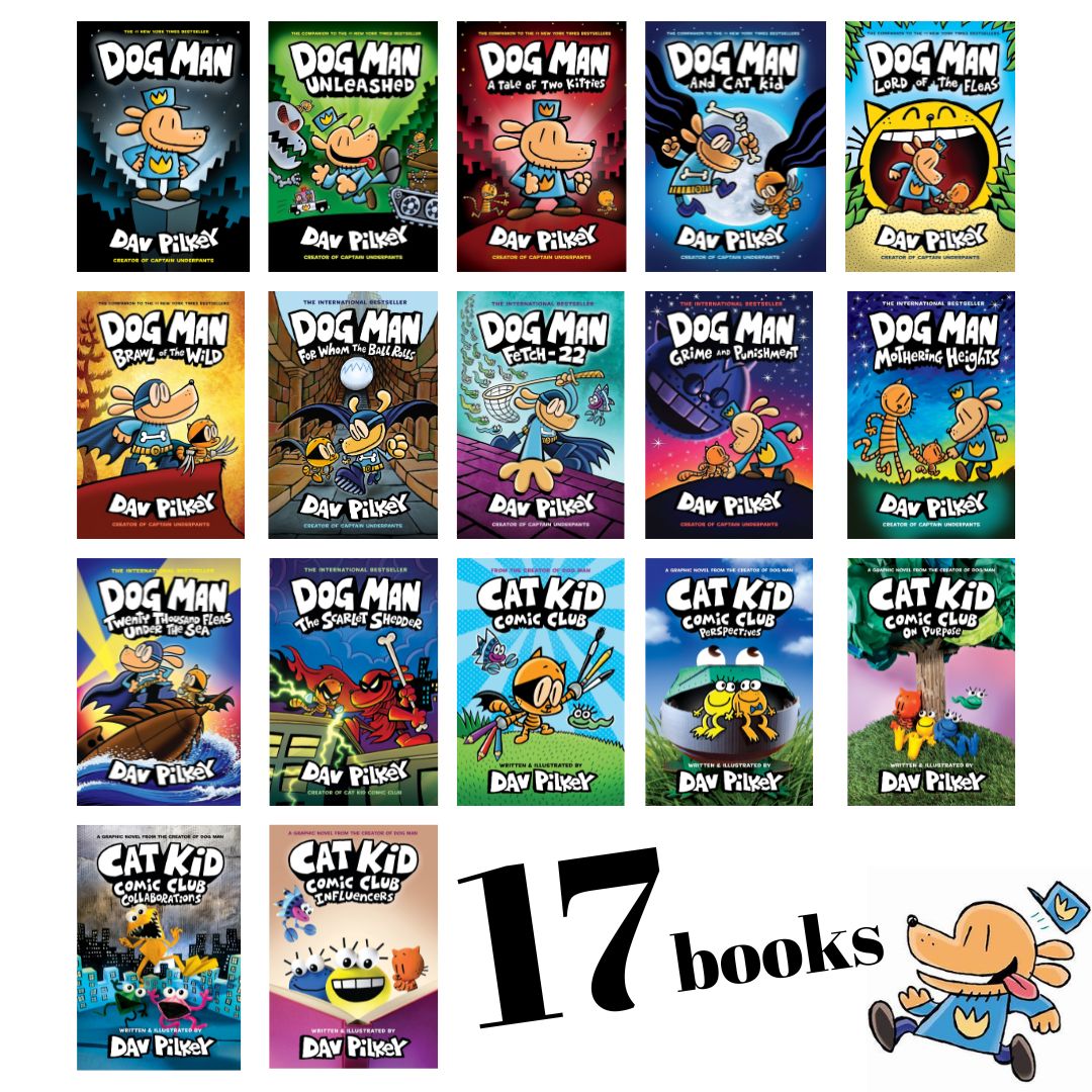 Dog Man set of 17 hardcover books, no box (slight dents and tears on book covers, book pages no damage)