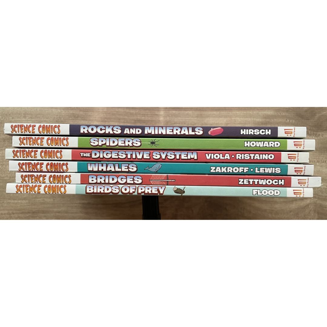 Science Comics (6 books, softcover, no box) (Rocks and Minerals / Spiders / The Digestive System / Whales / Bridges / Birds of Prey)
