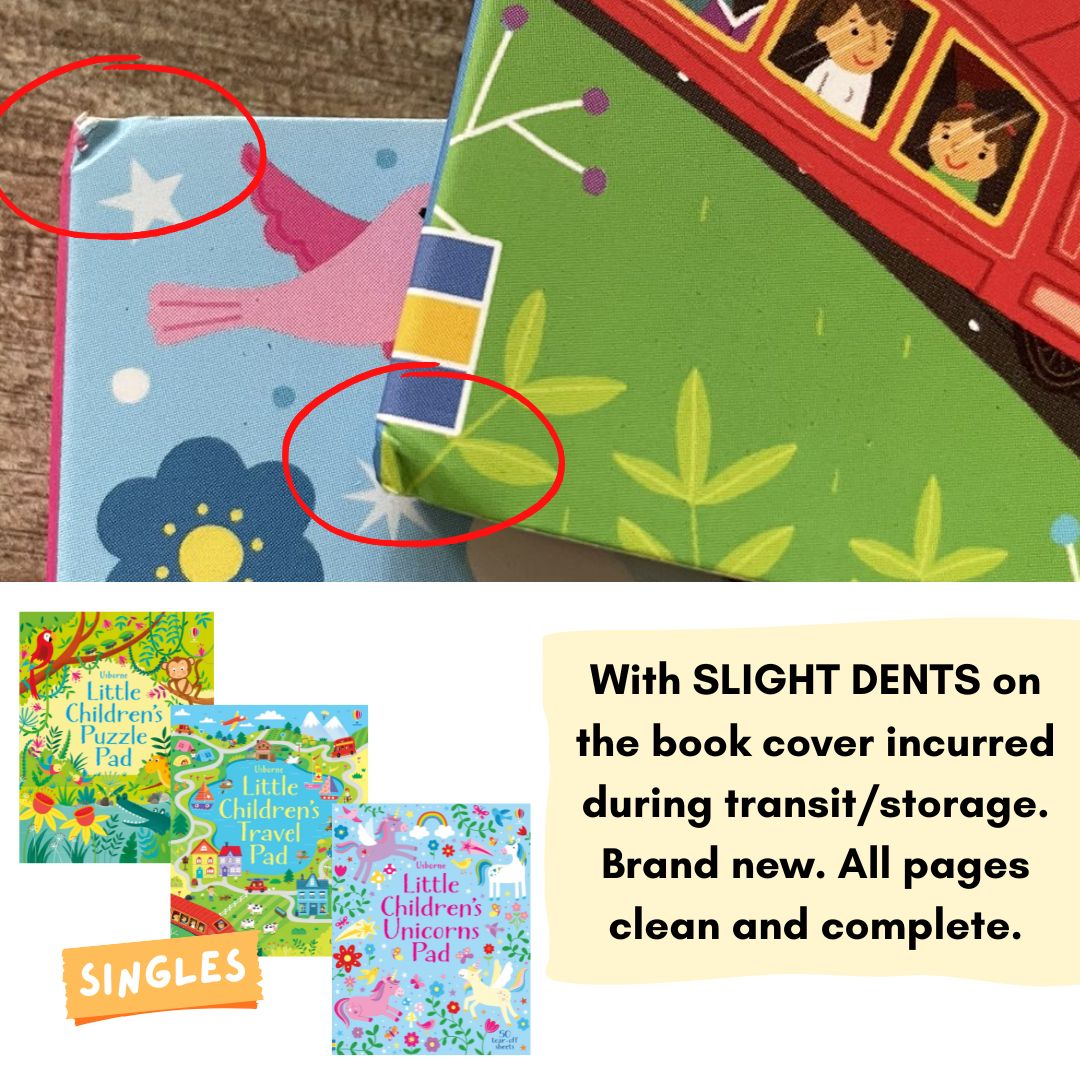 Usborne Little Children's TRAVEL / UNICORNS / PUZZLE Pad (SINGLES) Brand new softcover - with SLIGHT DENTS on book cover