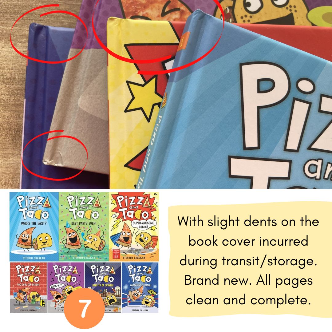 Pizza and Taco, Graphic Novel Series (7 Books) brand new hardcover, no box, with SLIGHT DENTS on book cover