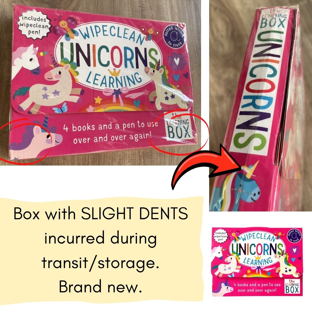 UNICORNS Wipeclean / Wipe Clean The Learning Box Set (4 activity books & 1 erasable pen) BOX with SLIGHT DENTS