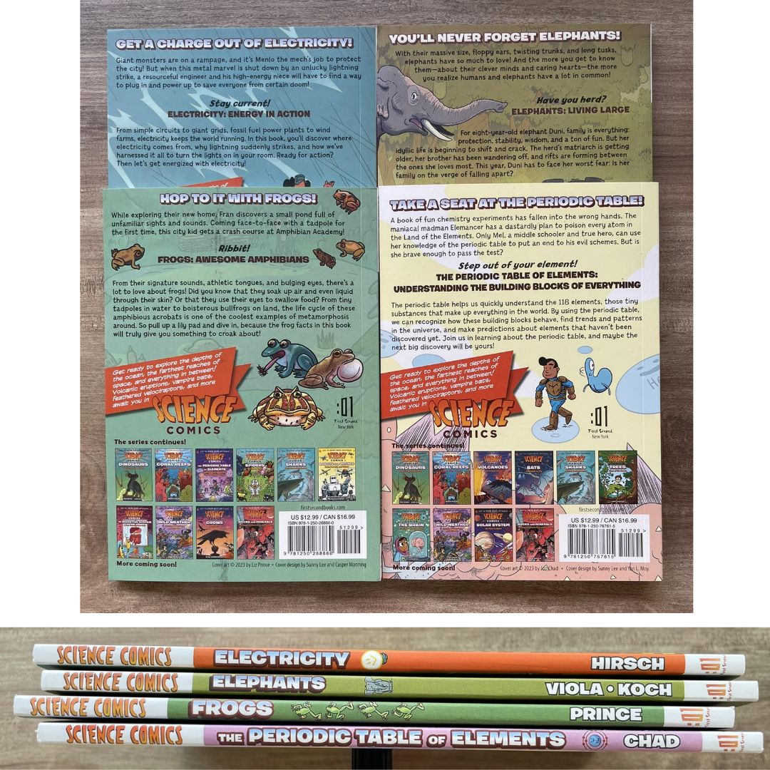 Science Comics (4 books, softcover, no box) (Electricity / Elephants / Frogs / The Periodic Table of Elements)