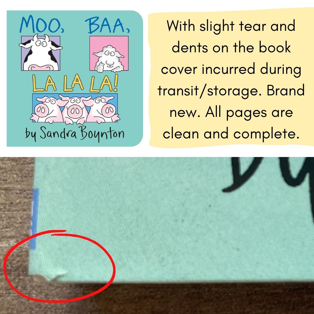 Moo, Baa, La La La! (by Sandra Boynton) brand new board book, with SLIGHT TEAR and DENTS on book cover