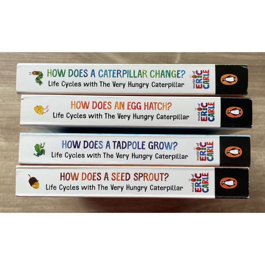 World of Eric Carle: Life Cycles with The Very Hungry Caterpillar (SINGLES, brand new Board Book, with SLIGHT DENTS on book cover) (How Does a Caterpillar Change / How Does an Egg Hatch / How Does a Tadpole Grow / How Does a Seed Sprout)