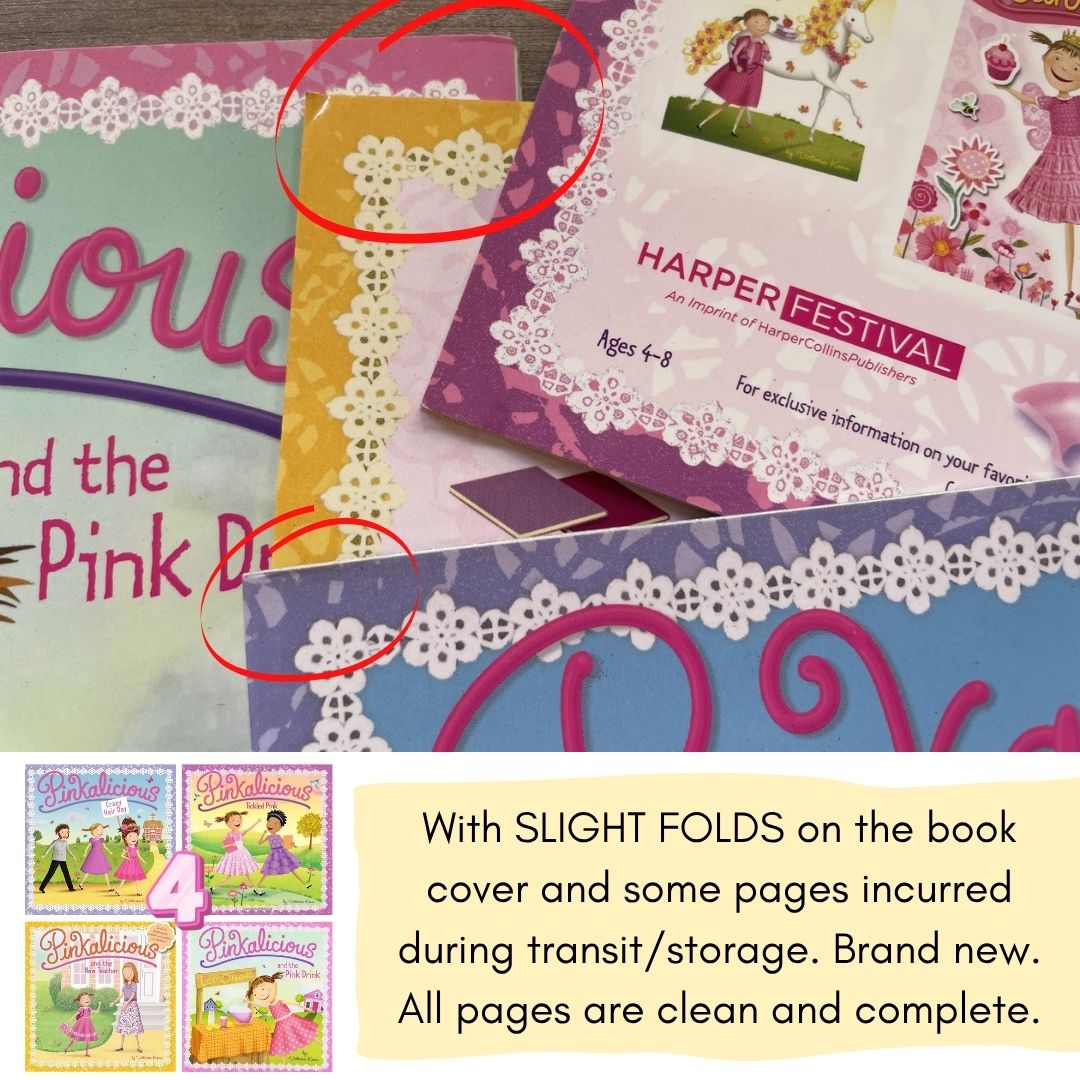 Pinkalicious 4-Book English Story Set (Crazy Hair Day / Tickled Pink / New Teacher / Pink Drink) brand new softcover, no box, with SLIGHT FOLDS