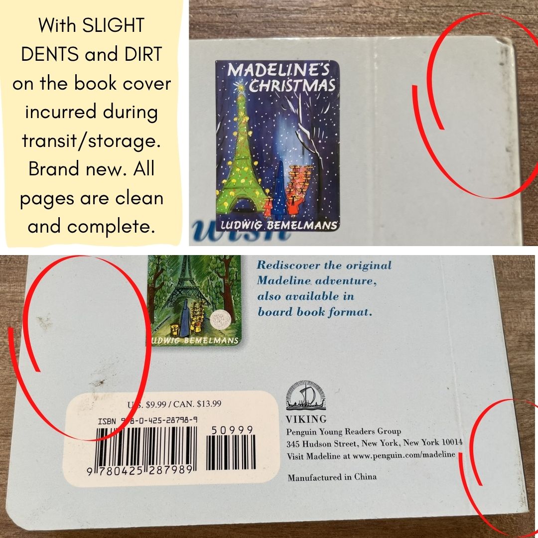 Madeline's Christmas (brand new Board book, with SLIGHT DENTS and DIRT on book cover)