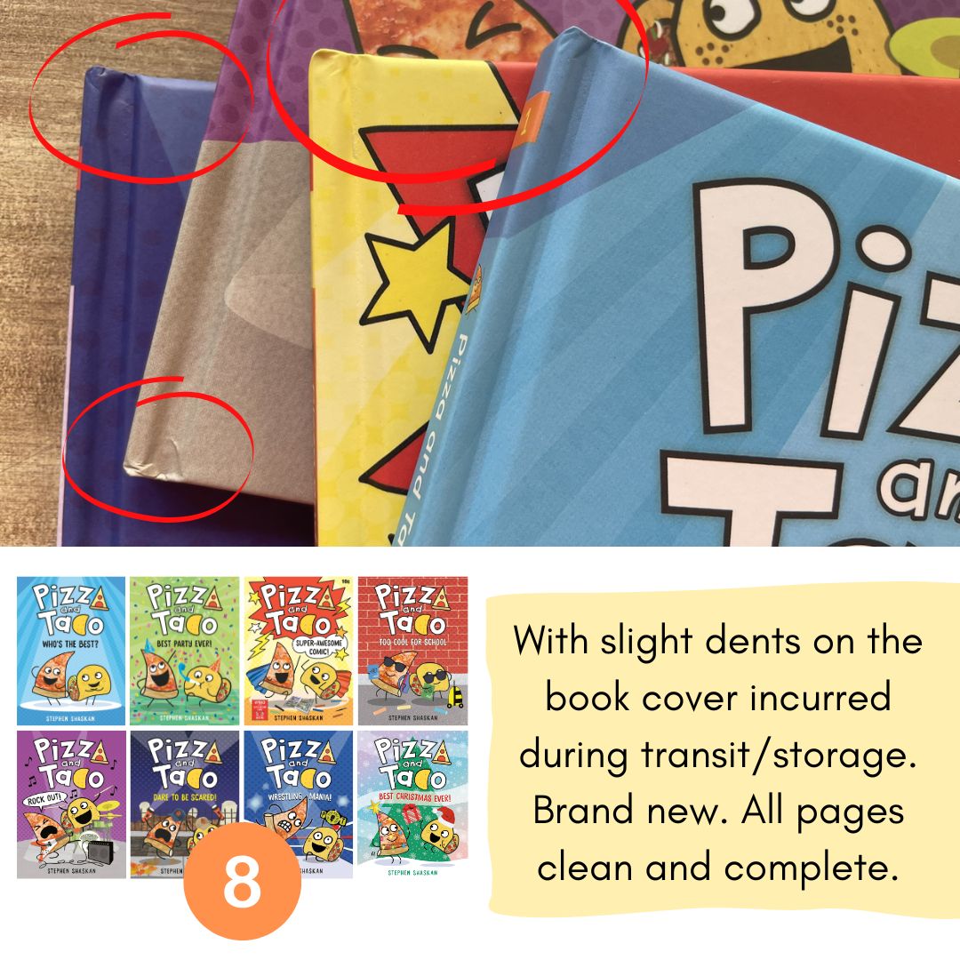 Pizza and Taco, Graphic Novel Series (8 Books) brand new hardcover, no box, with SLIGHT DENTS on book cover