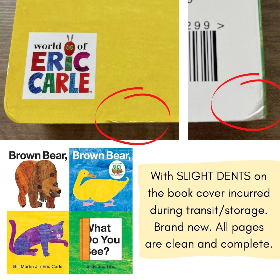 Brown Bear, Brown Bear, What Do You See? Slide and Find: An interactive board book (by Eric Carle) brand new, with SLIGHT DENTS on book cover