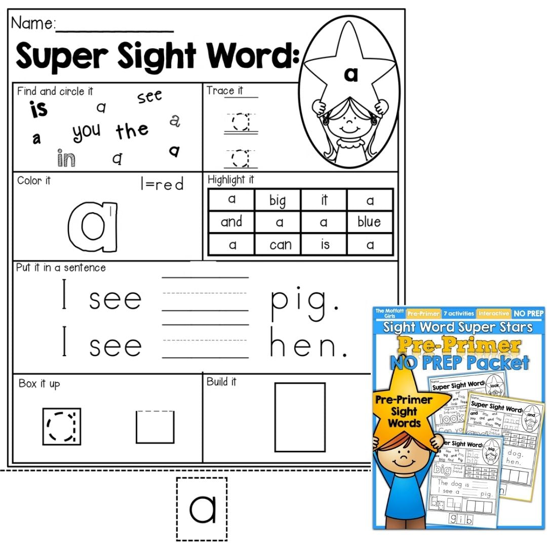 Sight Word Super Stars Reading Fluency Worksheet for Kids Pre-Primer to 3rd Grade (SINGLES)