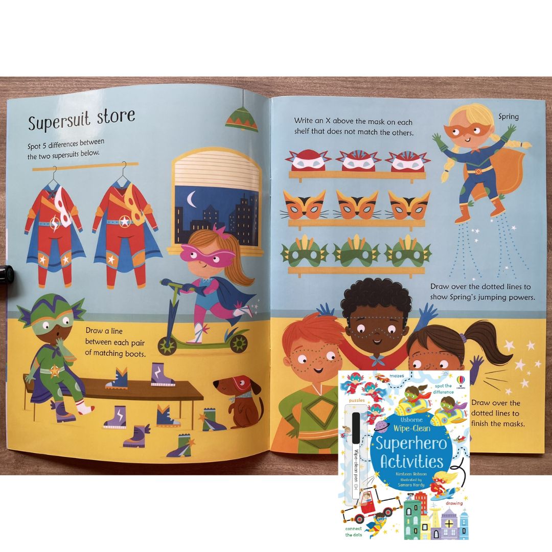 Usborne Wipe-Clean: SUPERHERO ACTIVITIES (softcover, with free pen)
