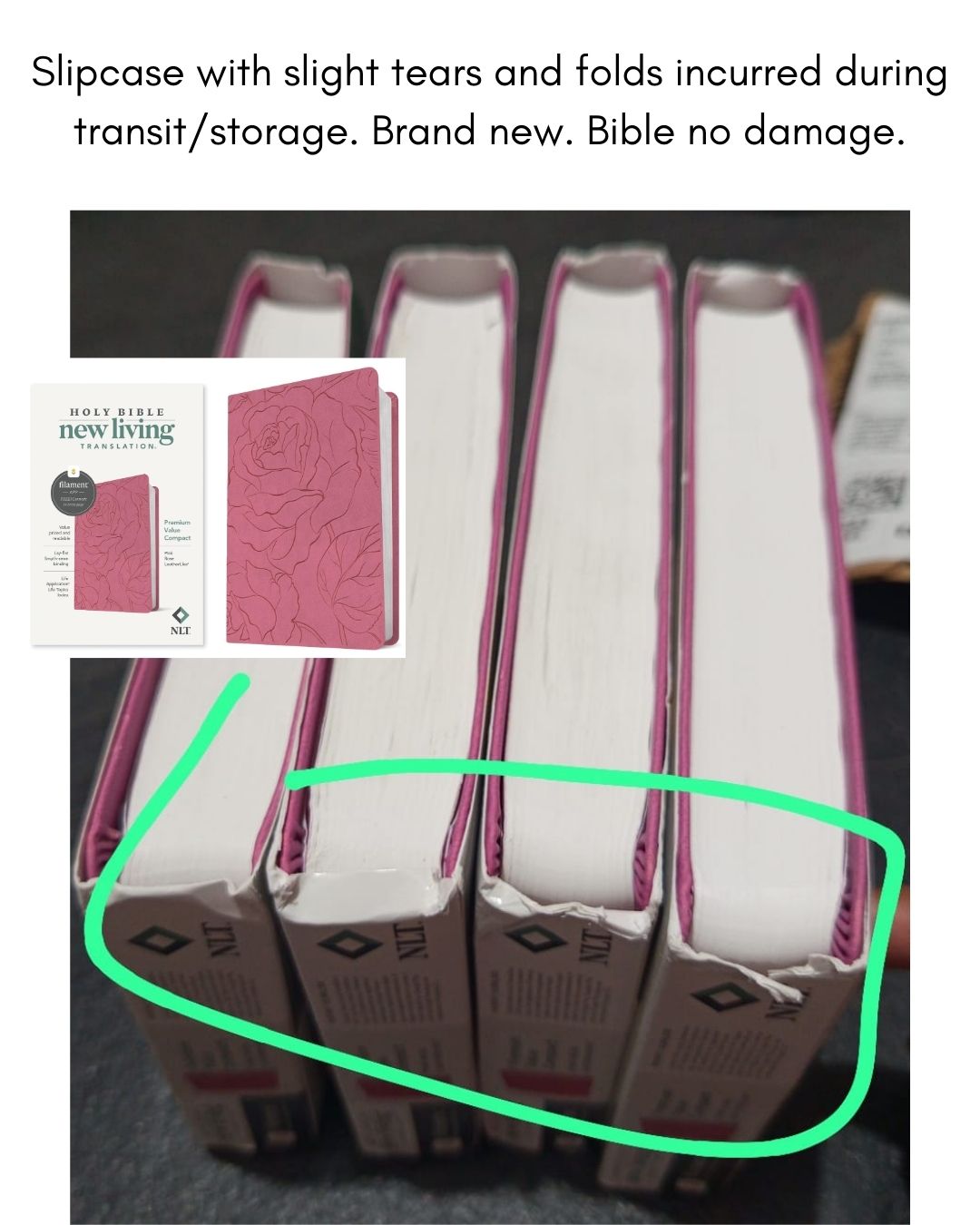 New Living Translation (NLT) Premium Value Compact Bible, Filament Enabled Edition (Pink Rose, Leatherlike, Old and New Testaments) Slipcase with slight tears and folds, book no damage