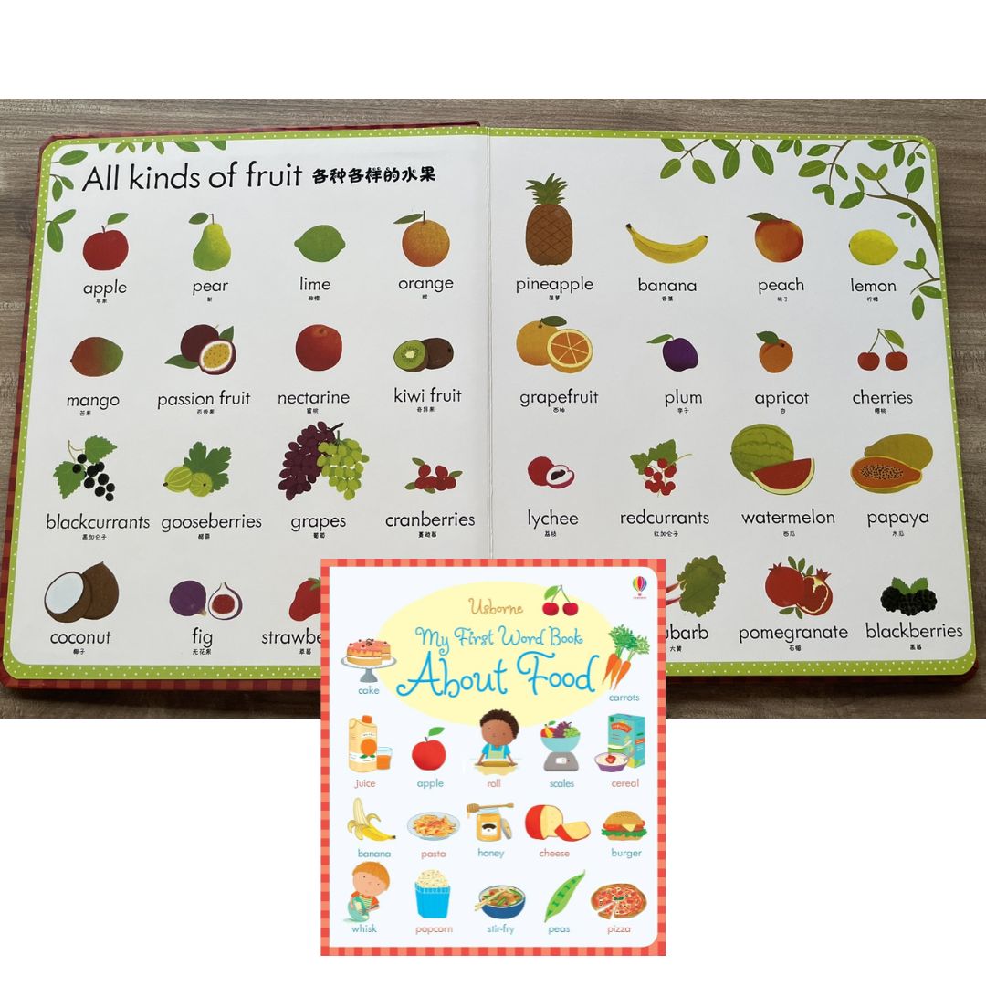 Usborne My First Word Book About Food (brand new Board Book, English and Simplified Chinese text, with SLIGHT DENTS on book cover)