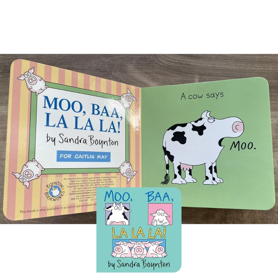 Moo, Baa, La La La! (by Sandra Boynton) brand new board book, with SLIGHT TEAR and DENTS on book cover