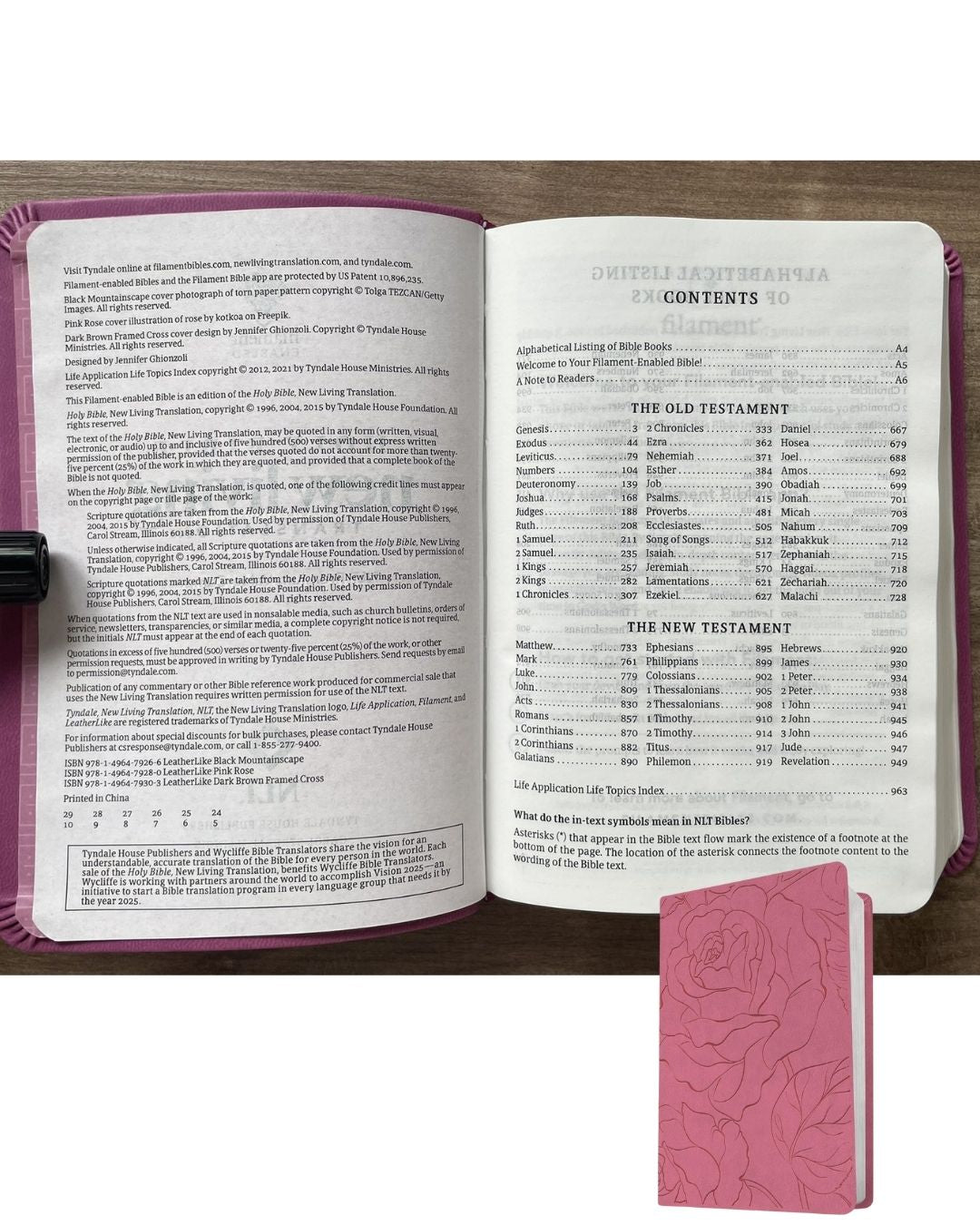 New Living Translation (NLT) Premium Value Compact Bible, Filament Enabled Edition (Pink Rose, Leatherlike, Old and New Testaments) Slipcase with slight tears and folds, book no damage