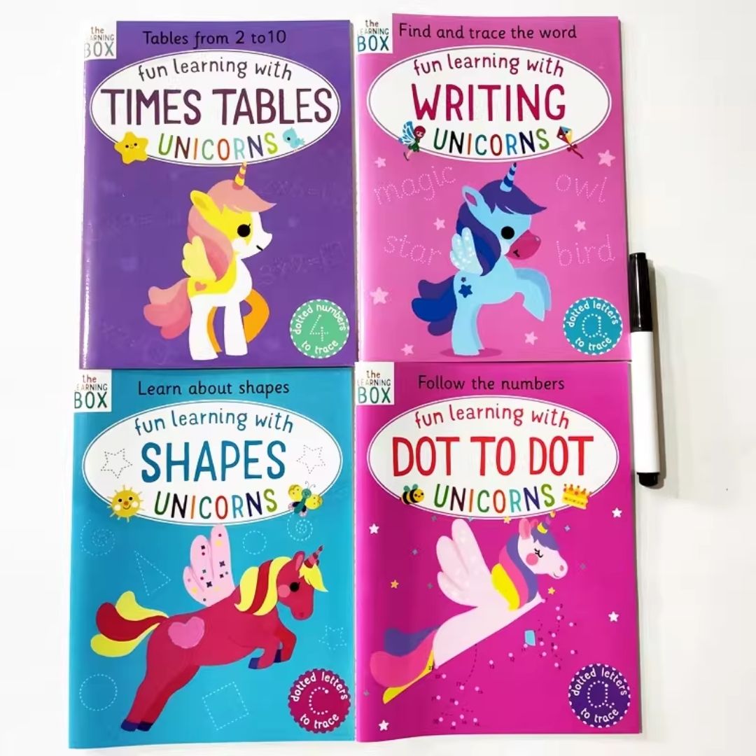 UNICORNS Wipeclean / Wipe Clean The Learning Box Set (4 activity books & 1 erasable pen) BOX with SLIGHT DENTS