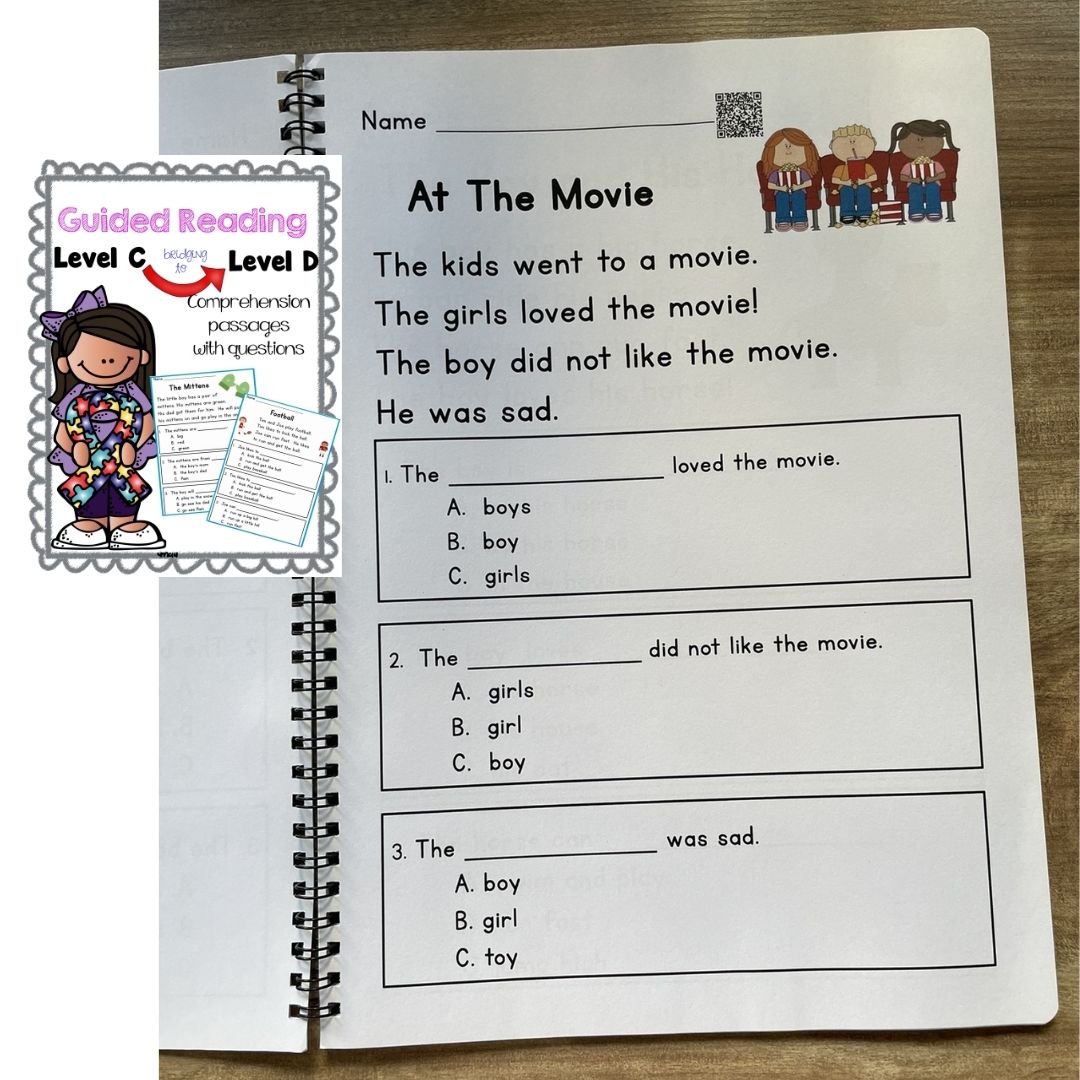 English Reading Comprehension & Phonics Worksheets / Workbook for Kids | Guided Reading Levels C–L | School-Recommended Early Literacy Practice (SINGLES)