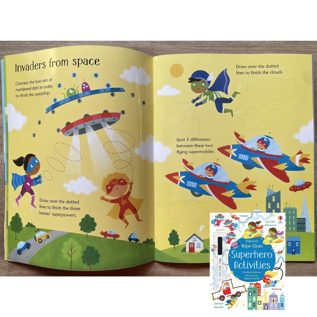 Usborne Wipe-Clean: SUPERHERO ACTIVITIES (softcover, with free pen)