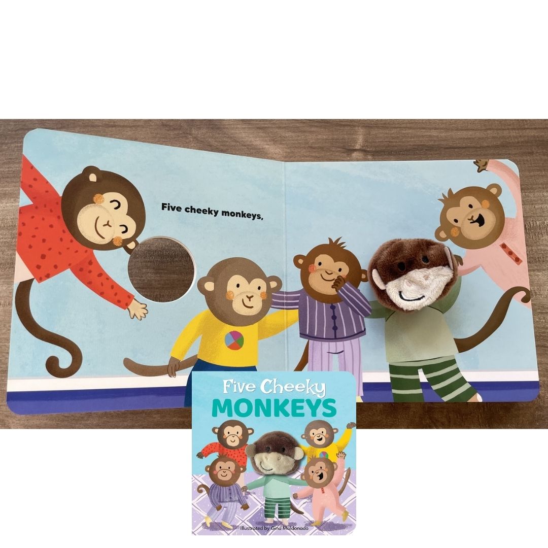 Five Cheeky Monkeys: Nursery Rhyme Finger Puppet Board Book (brand new, with SLIGHT DENTS on book cover)
