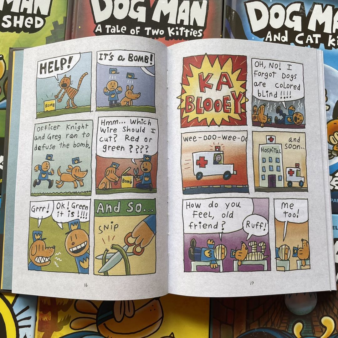 Dog Man set of 17 hardcover books, no box (slight dents and tears on book covers, book pages no damage)