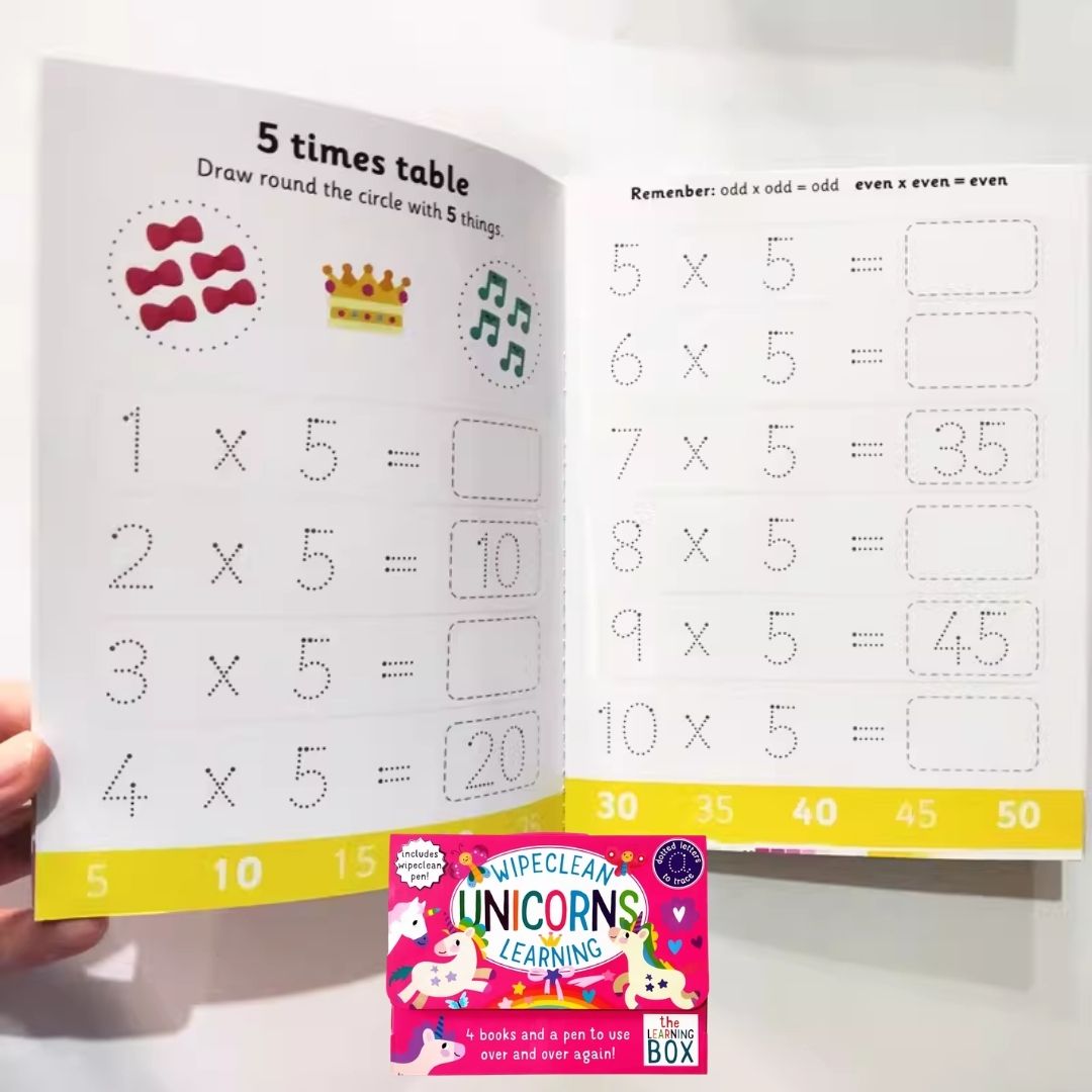 UNICORNS Wipeclean / Wipe Clean The Learning Box Set (4 activity books & 1 erasable pen) BOX with SLIGHT DENTS
