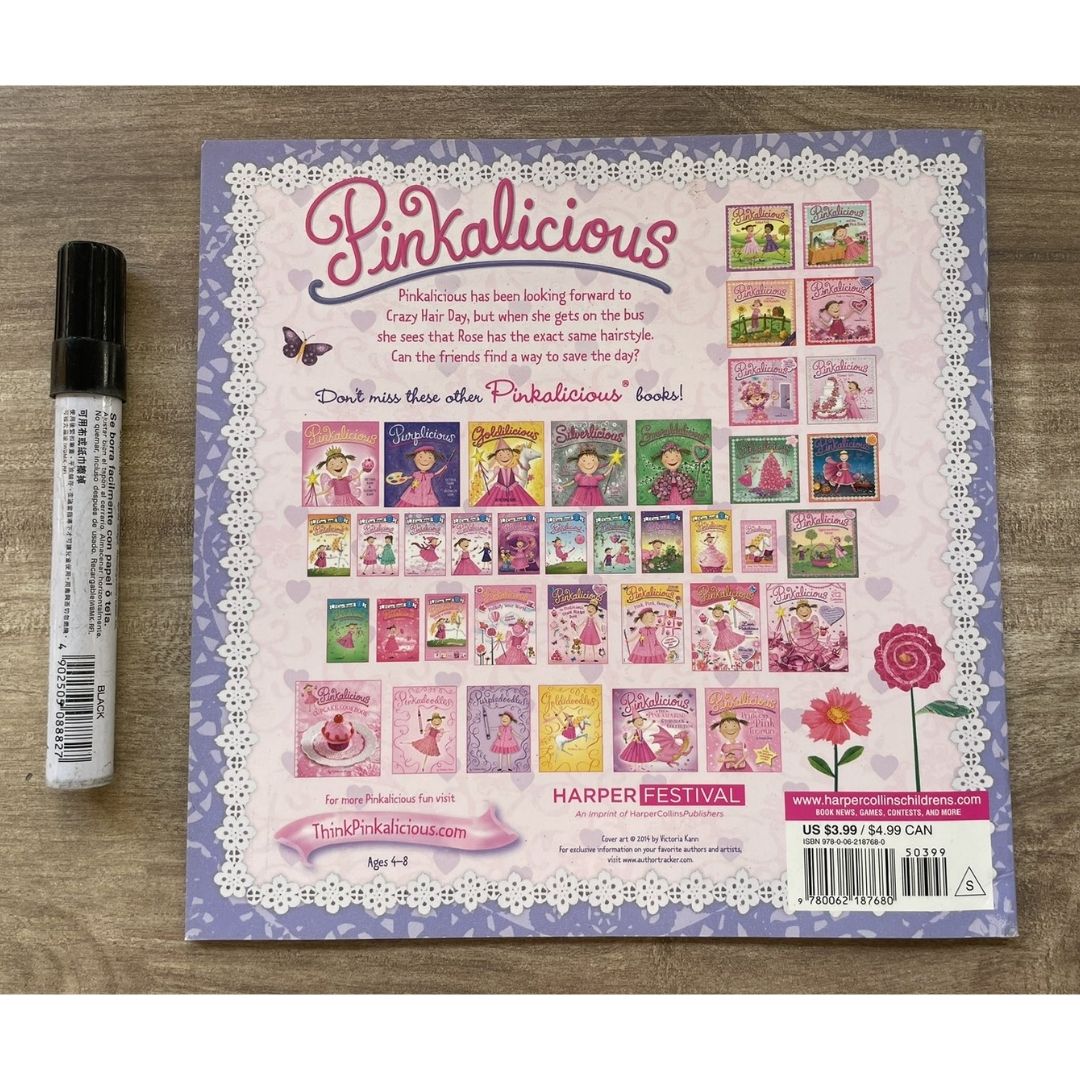 Pinkalicious 4-Book English Story Set (Crazy Hair Day / Tickled Pink / New Teacher / Pink Drink) brand new softcover, no box, with SLIGHT FOLDS