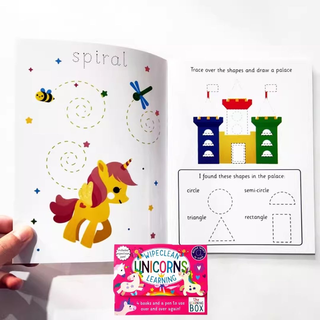 UNICORNS Wipeclean / Wipe Clean The Learning Box Set (4 activity books & 1 erasable pen) BOX with SLIGHT DENTS