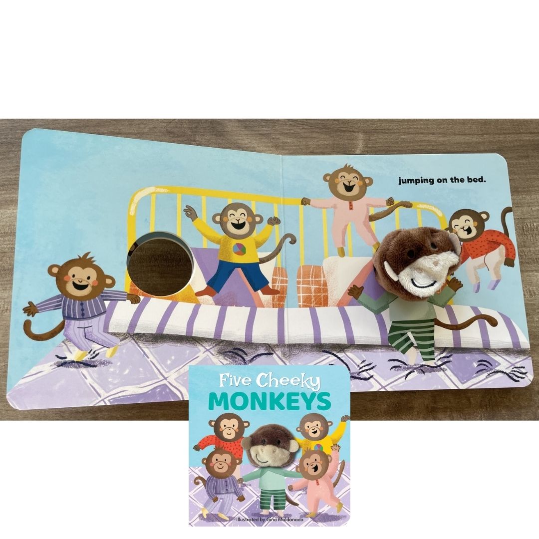 Five Cheeky Monkeys: Nursery Rhyme Finger Puppet Board Book (brand new, with SLIGHT DENTS on book cover)