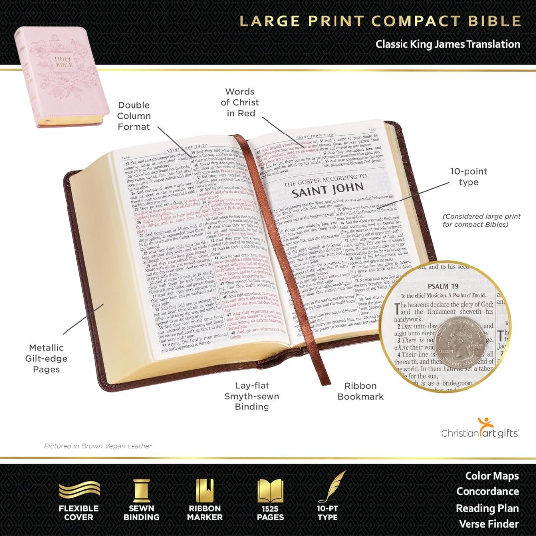 King James Version KJV Holy Bible, Compact Large Print (BALLET PINK Faux Leather, Red Letter, Old and New Testament) SLIPCASE w/ SLIGHT FOLDS