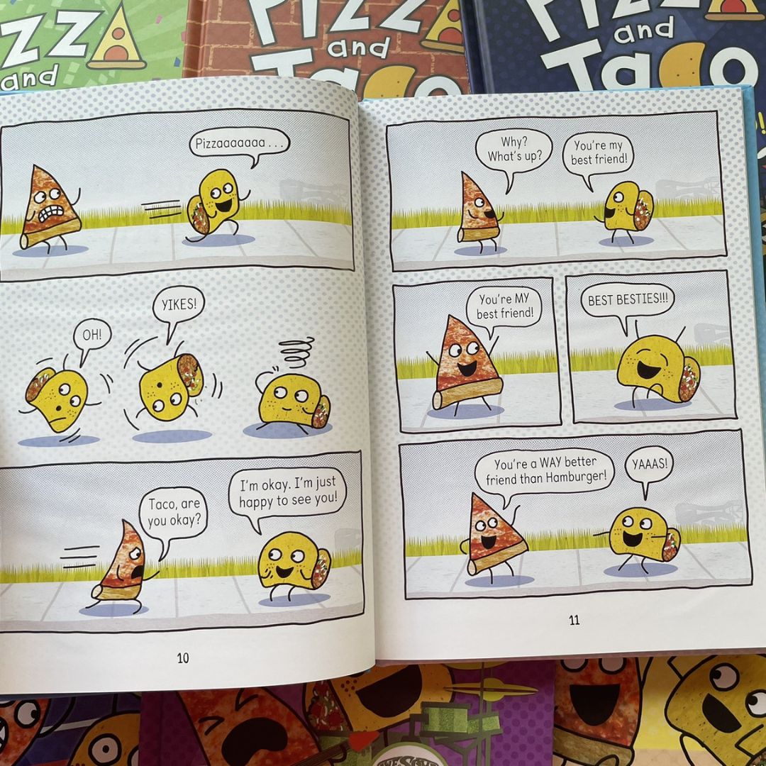 Pizza and Taco, Graphic Novel Series (7 Books) brand new hardcover, no box, with SLIGHT DENTS on book cover