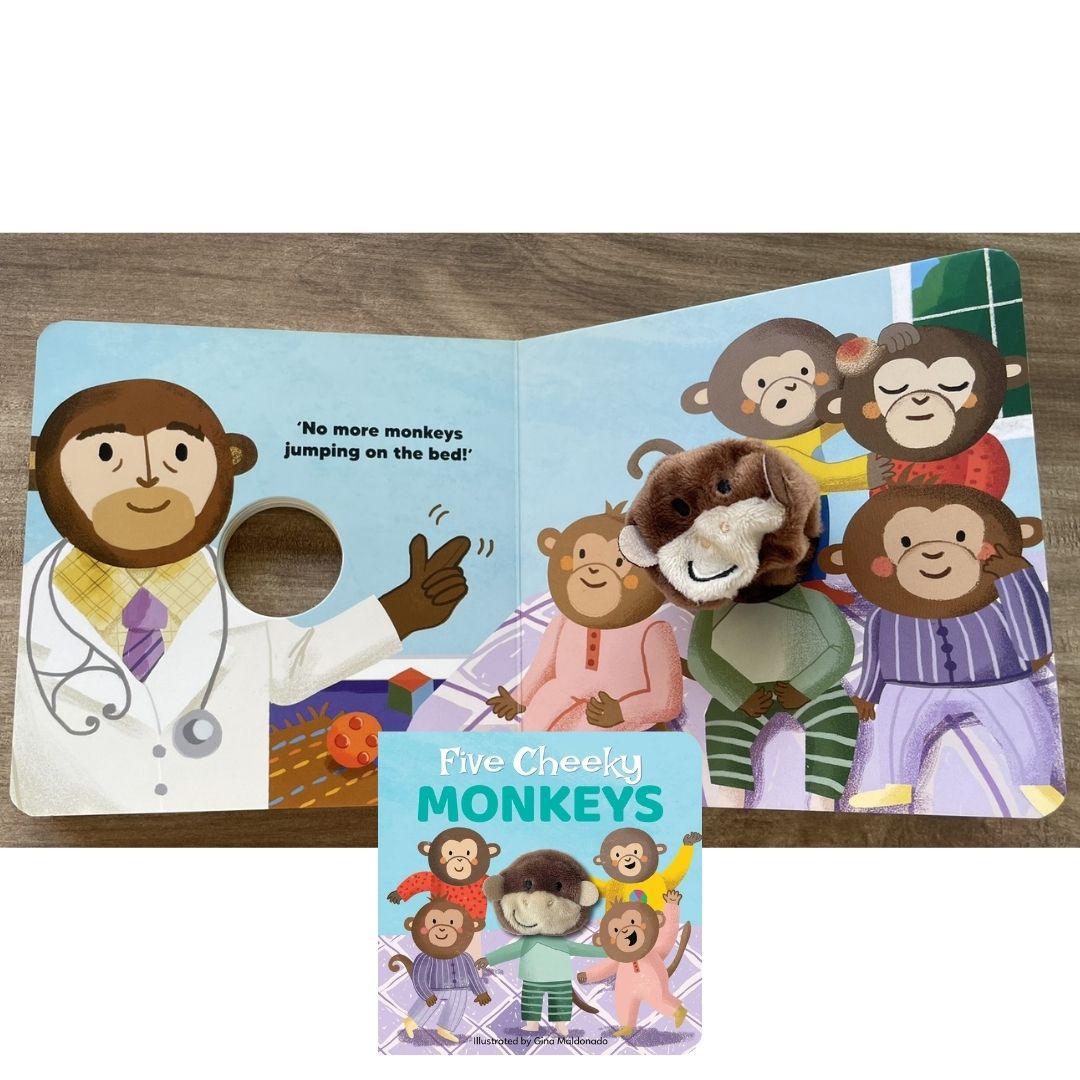 Five Cheeky Monkeys: Nursery Rhyme Finger Puppet Board Book (brand new, with SLIGHT DENTS on book cover)