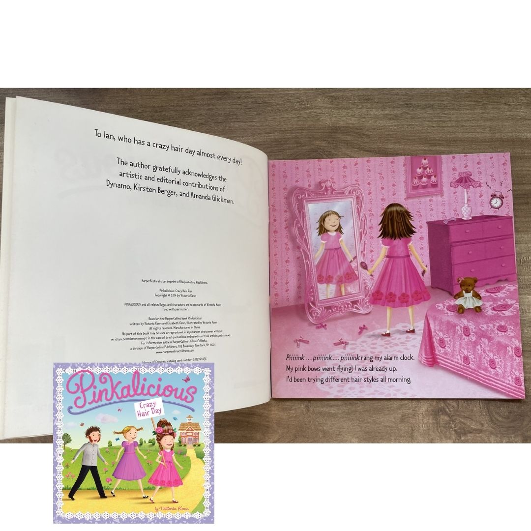 Pinkalicious 4-Book English Story Set (Crazy Hair Day / Tickled Pink / New Teacher / Pink Drink) brand new softcover, no box, with SLIGHT FOLDS