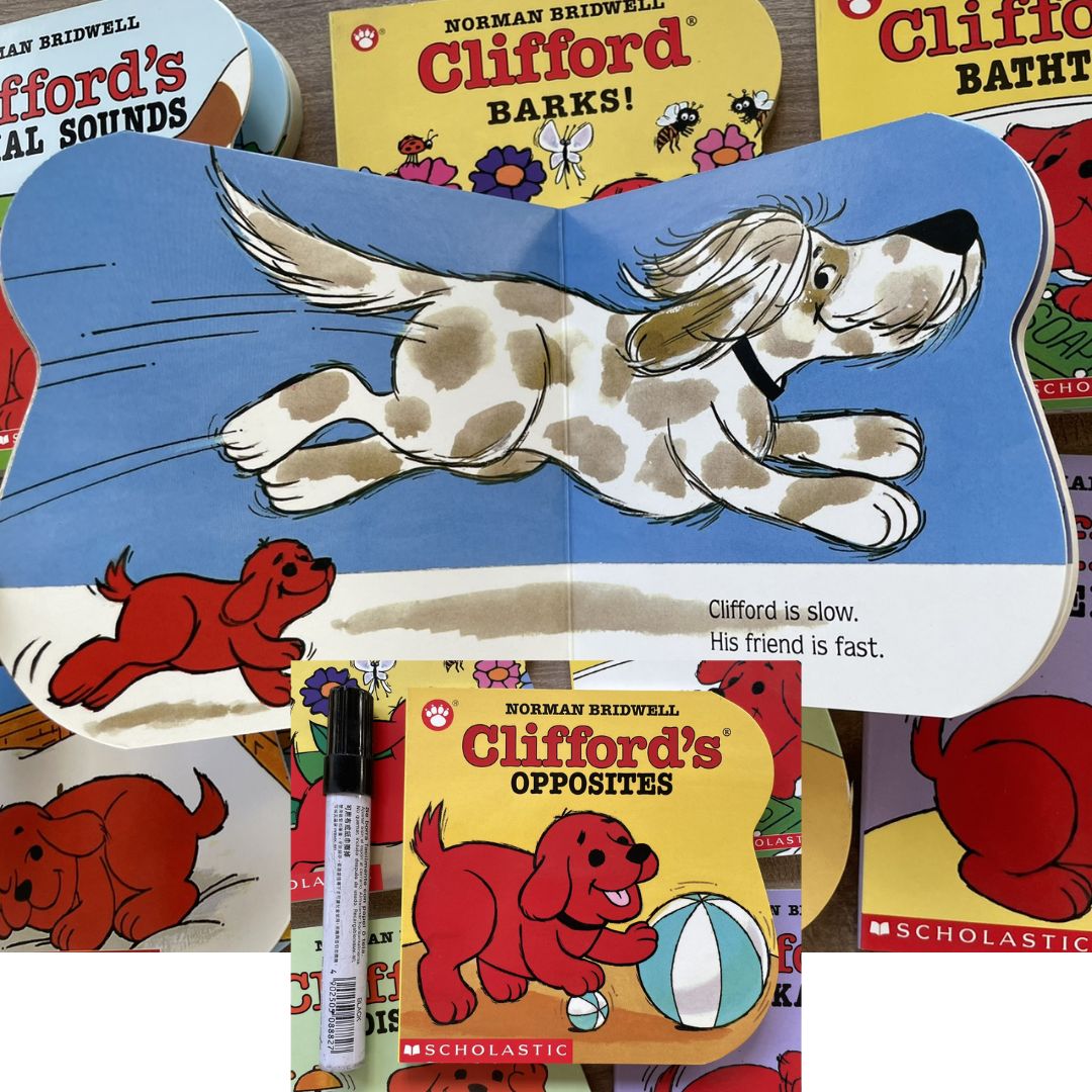 Clifford (7 pcs board books) ANIMAL SOUNDS / BARKS / BATHTIME / BEDTIME / NOISY DAY / OPPOSITES / PEEKABOO (brand new, with SLIGHT DENTS on book cover)