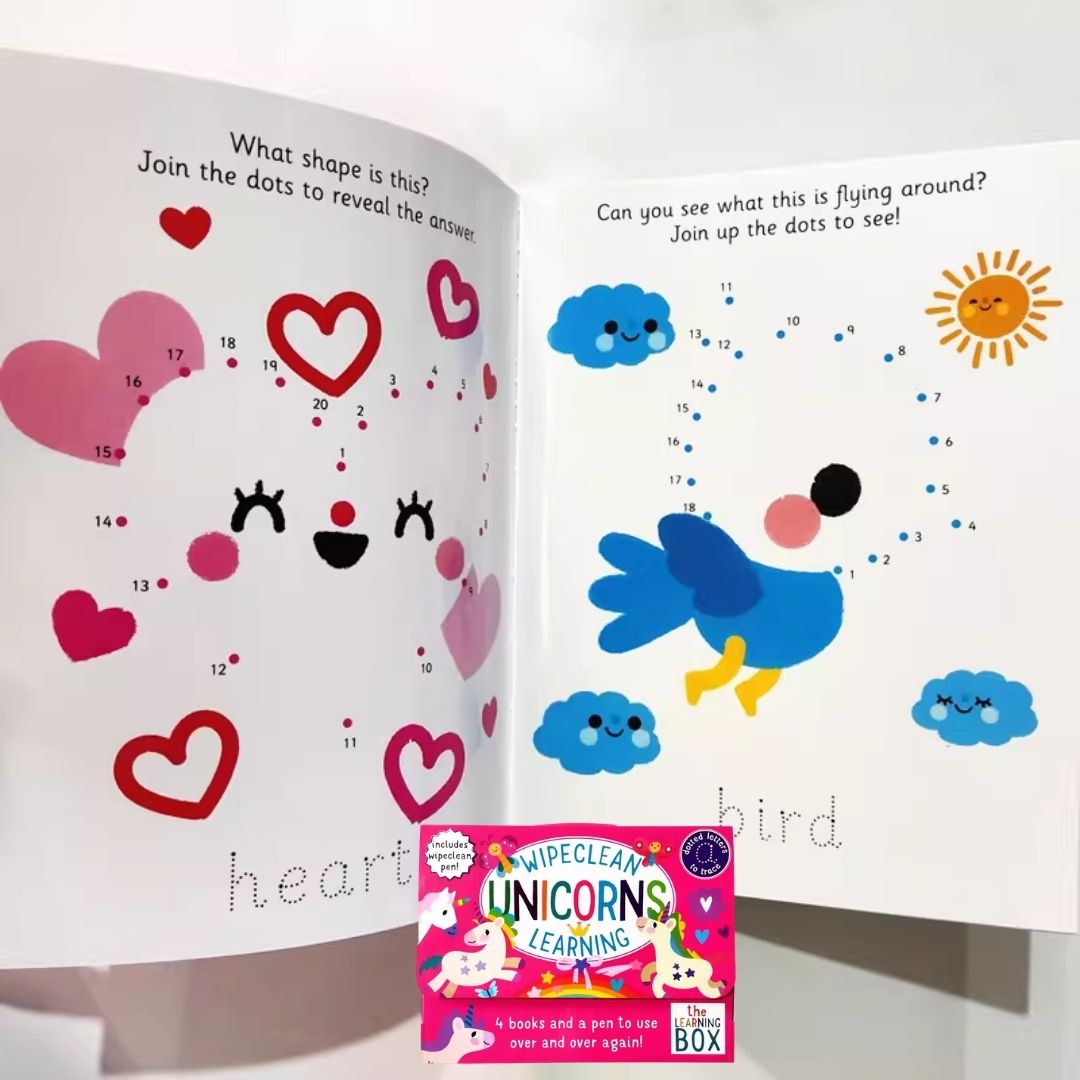 UNICORNS Wipeclean / Wipe Clean The Learning Box Set (4 activity books & 1 erasable pen) BOX with SLIGHT DENTS
