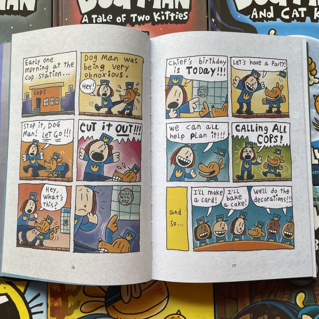 Dog Man set of 17 hardcover books, no box (slight dents and tears on book covers, book pages no damage)