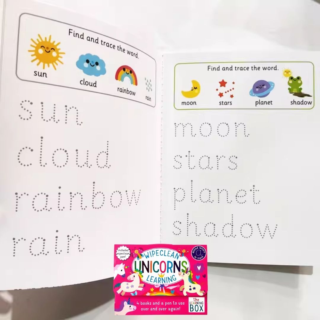 UNICORNS Wipeclean / Wipe Clean The Learning Box Set (4 activity books & 1 erasable pen) BOX with SLIGHT DENTS