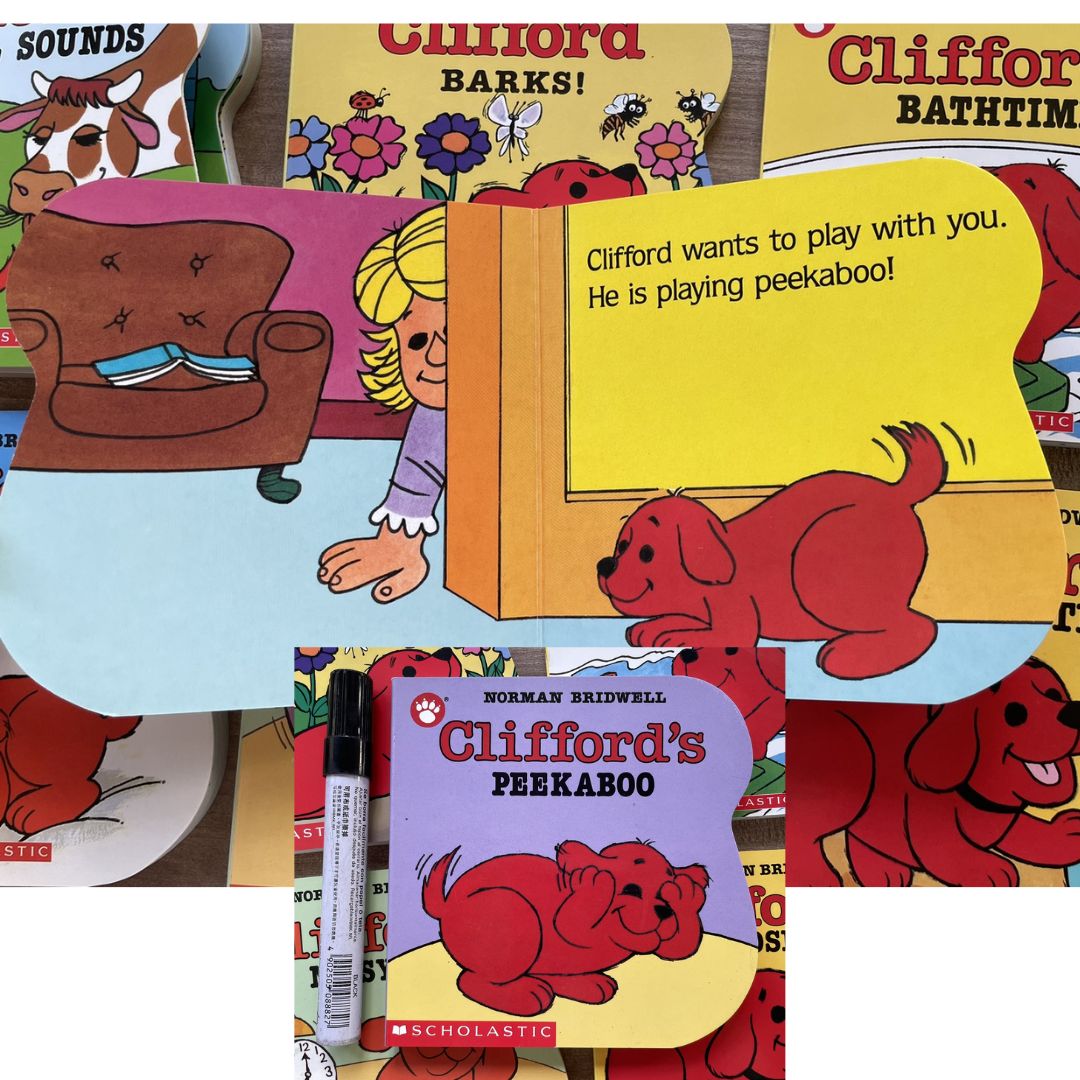 Clifford (7 pcs board books) ANIMAL SOUNDS / BARKS / BATHTIME / BEDTIME / NOISY DAY / OPPOSITES / PEEKABOO (brand new, with SLIGHT DENTS on book cover)
