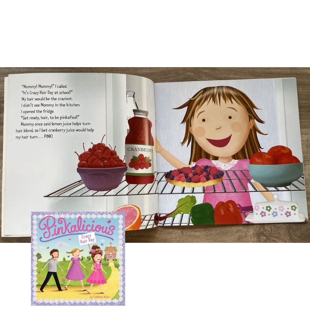 Pinkalicious 4-Book English Story Set (Crazy Hair Day / Tickled Pink / New Teacher / Pink Drink) brand new softcover, no box, with SLIGHT FOLDS