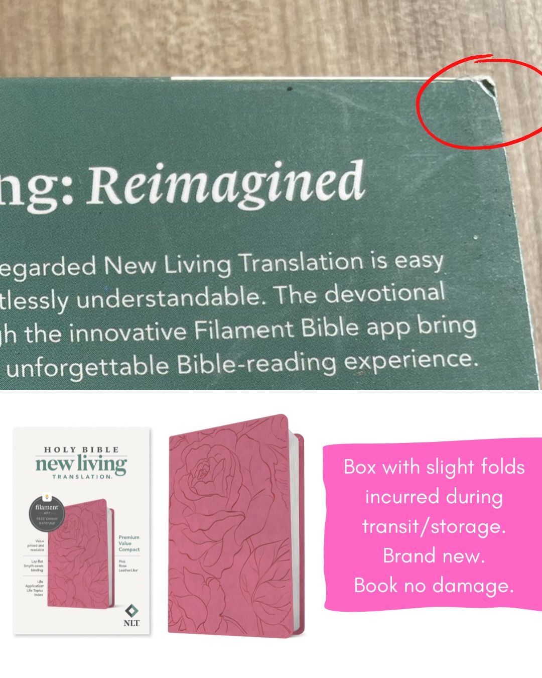 New Living Translation (NLT) Premium Value Compact Bible, Filament Enabled Edition (Pink Rose, Leatherlike, Old and New Testaments) Slipcase with slight tears and folds, book no damage