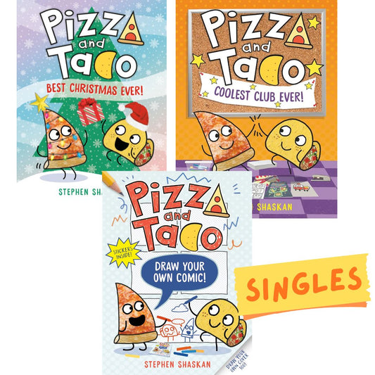 Pizza and Taco, A Graphic Novel: BEST CHRISTMAS EVER / COOLEST CLUB EVER / DRAW YOUR OWN COMIC (SINGLES) brand new hardcover, with SLIGHT DENTS on book cover