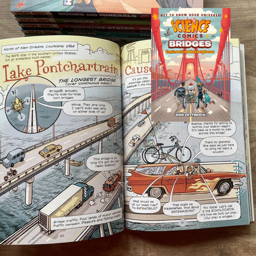 Science Comics (6 books, softcover, no box) (Rocks and Minerals / Spiders / The Digestive System / Whales / Bridges / Birds of Prey)