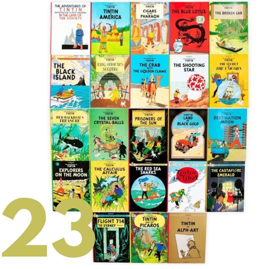 The Adventures of Tintin, 23 brand new softcover books, box set (BOX with slight DENTS, books no damage.)